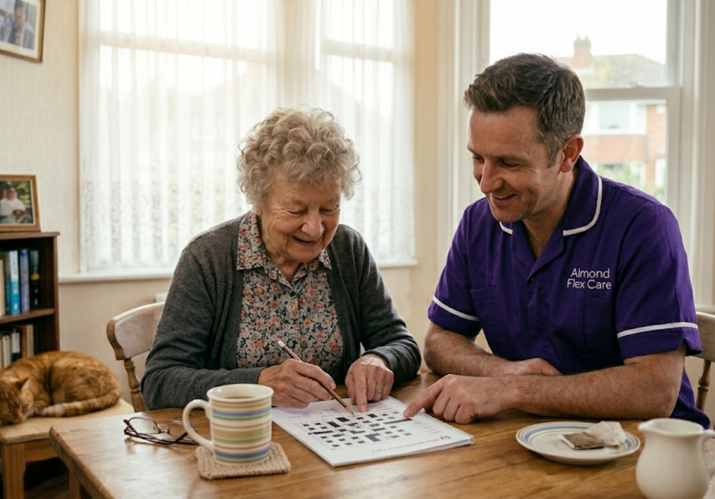 A White European Almond Flex Care carer helping an elderly woman with a crossword puzzle in her Durham home — representing the patient, compassionate qualities sought in all Almond Flex Care carers